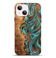 iPhone 14 Plus Wood+Resin Live Edge Phone Case - Audrina (Teal & Gold, 722756)