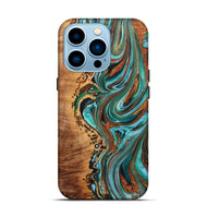 iPhone 14 Pro Wood+Resin Live Edge Phone Case - Audrina (Teal & Gold, 722756)