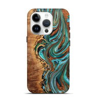 iPhone 15 Pro Wood+Resin Live Edge Phone Case - Audrina (Teal & Gold, 722756)