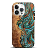 iPhone 15 Pro Max Wood+Resin Live Edge Phone Case - Audrina (Teal & Gold, 722756)