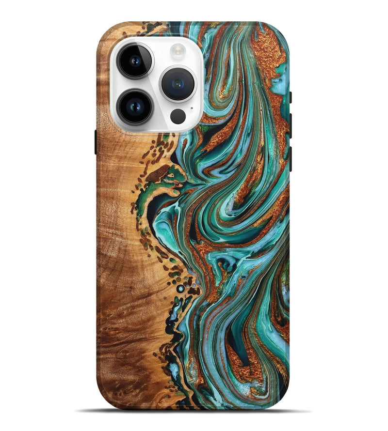 iPhone 15 Pro Max Wood+Resin Live Edge Phone Case - Audrina (Teal & Gold, 722756)