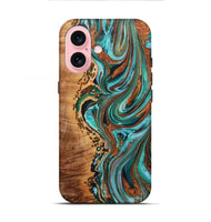 iPhone 16 Wood+Resin Live Edge Phone Case - Audrina (Teal & Gold, 722756)