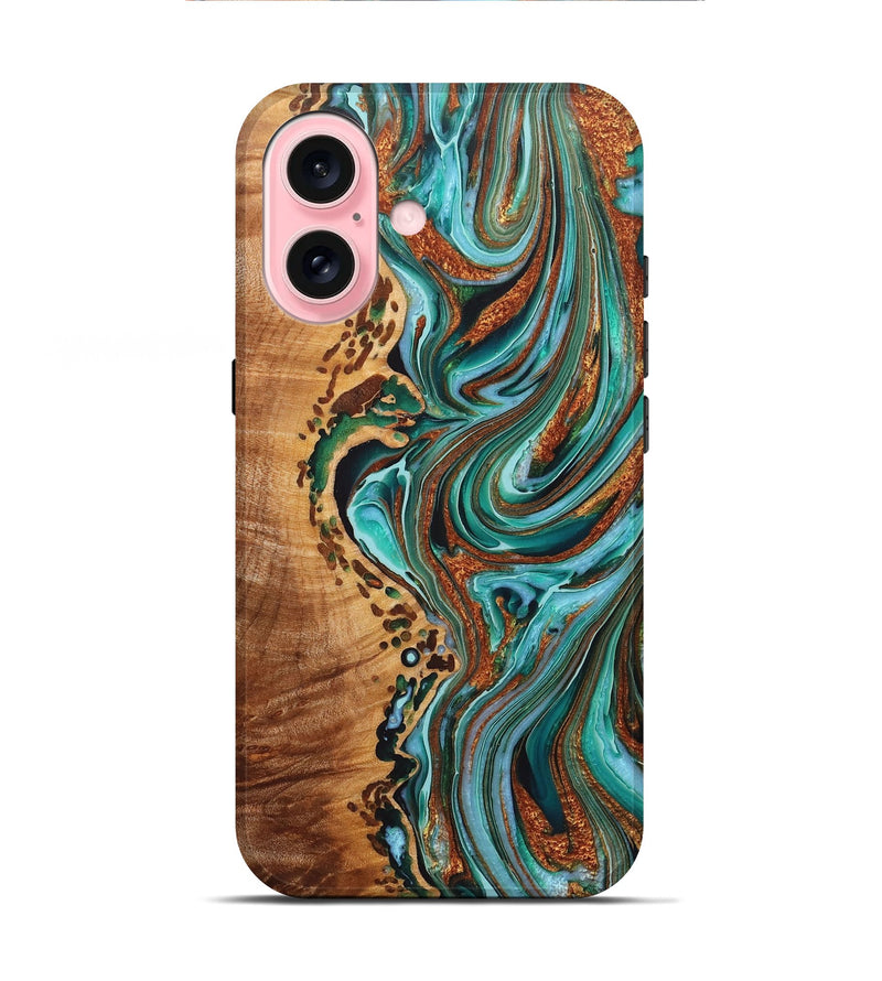 iPhone 16 Wood+Resin Live Edge Phone Case - Audrina (Teal & Gold, 722756)