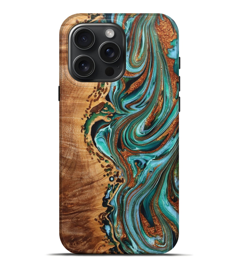 iPhone 16 Pro Max Wood+Resin Live Edge Phone Case - Audrina (Teal & Gold, 722756)