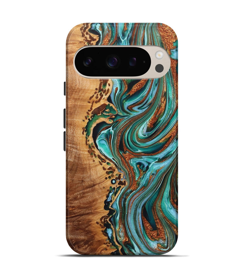 Pixel 9 Pro Wood+Resin Live Edge Phone Case - Audrina (Teal & Gold, 722756)