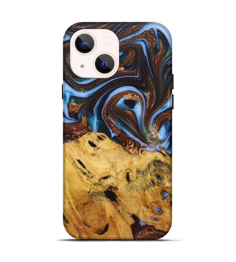 iPhone 14 Wood+Resin Live Edge Phone Case - Ray (Teal & Gold, 722757)