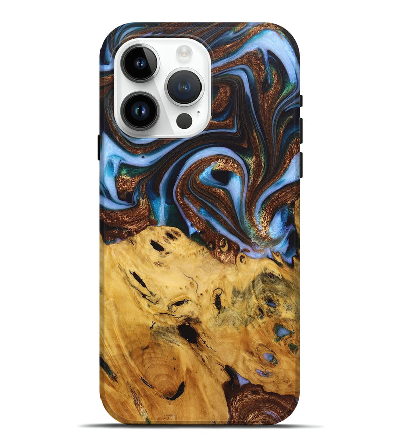 iPhone 15 Pro Max Wood+Resin Live Edge Phone Case - Ray (Teal & Gold, 722757)