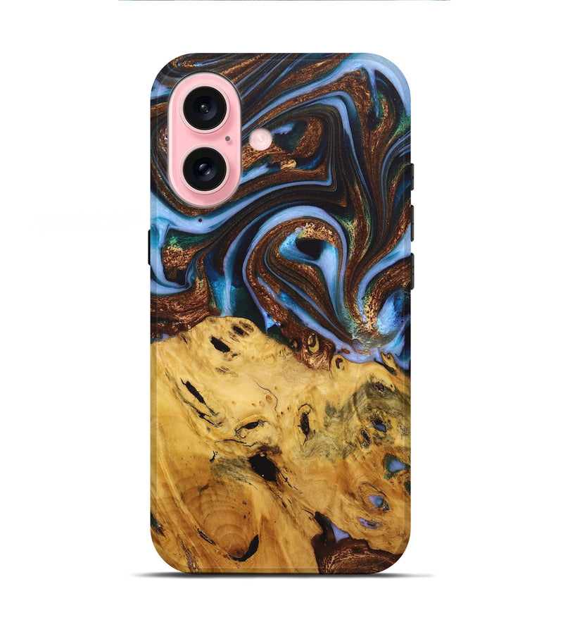 iPhone 16 Wood+Resin Live Edge Phone Case - Ray (Teal & Gold, 722757)