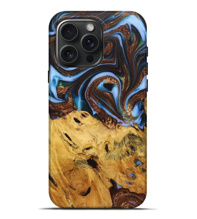 iPhone 16 Pro Max Wood+Resin Live Edge Phone Case - Ray (Teal & Gold, 722757)