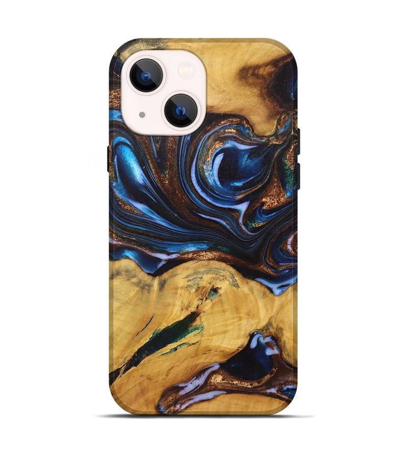 iPhone 14 Wood+Resin Live Edge Phone Case - Peggy (Teal & Gold, 722760)