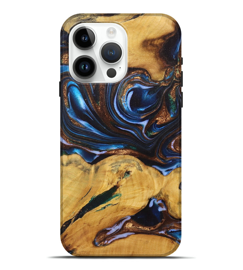 iPhone 15 Pro Max Wood+Resin Live Edge Phone Case - Peggy (Teal & Gold, 722760)