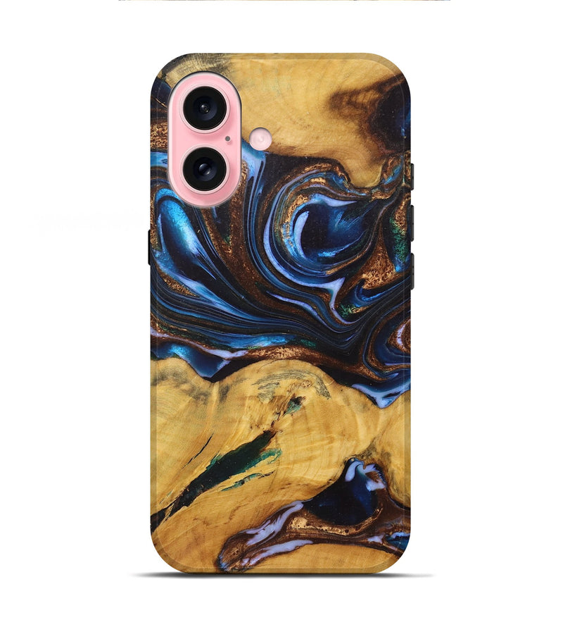 iPhone 16 Wood+Resin Live Edge Phone Case - Peggy (Teal & Gold, 722760)