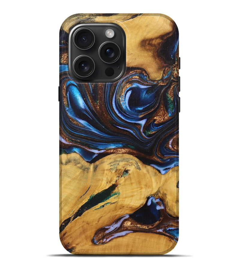 iPhone 16 Pro Max Wood+Resin Live Edge Phone Case - Peggy (Teal & Gold, 722760)