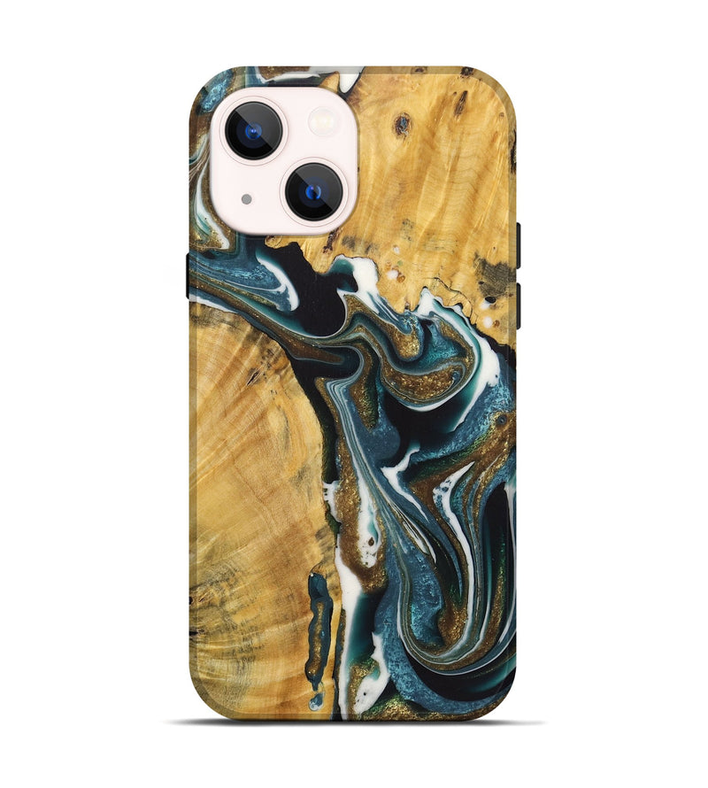 iPhone 14 Wood+Resin Live Edge Phone Case - Greg (Teal & Gold, 722762)