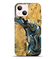 iPhone 14 Plus Wood+Resin Live Edge Phone Case - Greg (Teal & Gold, 722762)