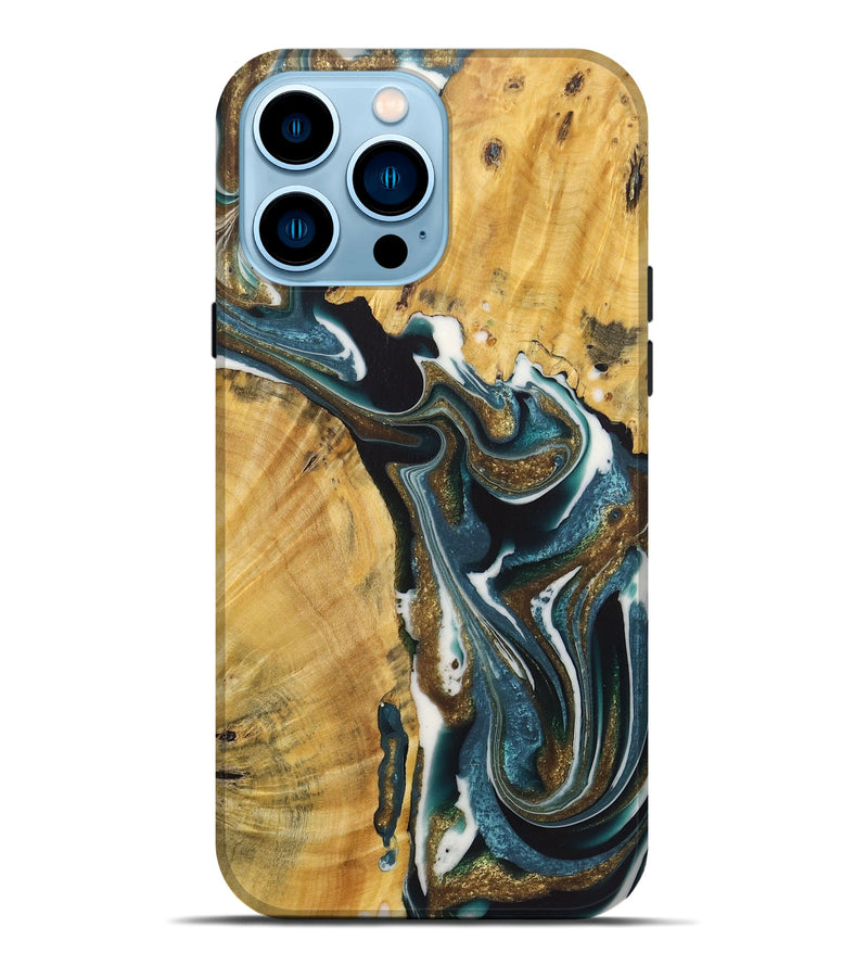 iPhone 14 Pro Max Wood+Resin Live Edge Phone Case - Greg (Teal & Gold, 722762)