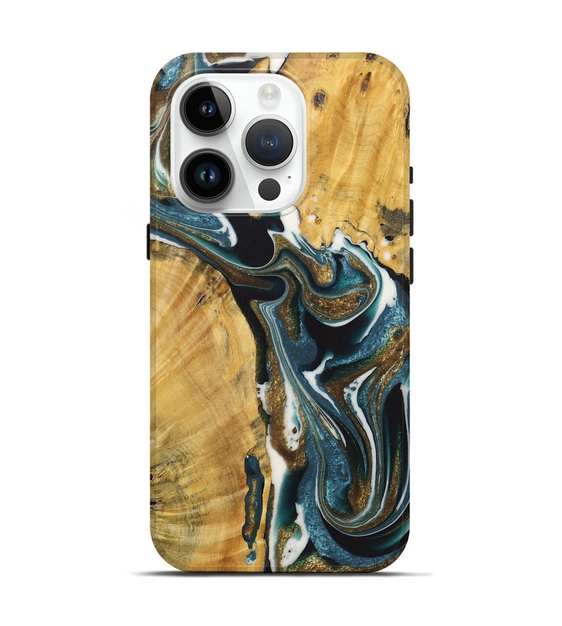 iPhone 15 Pro Wood+Resin Live Edge Phone Case - Greg (Teal & Gold, 722762)