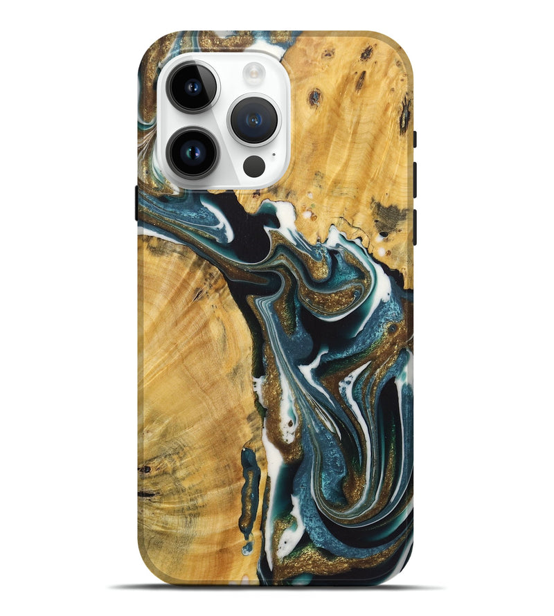 iPhone 15 Pro Max Wood+Resin Live Edge Phone Case - Greg (Teal & Gold, 722762)