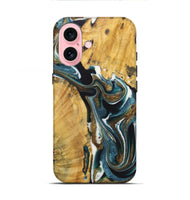 iPhone 16 Wood+Resin Live Edge Phone Case - Greg (Teal & Gold, 722762)