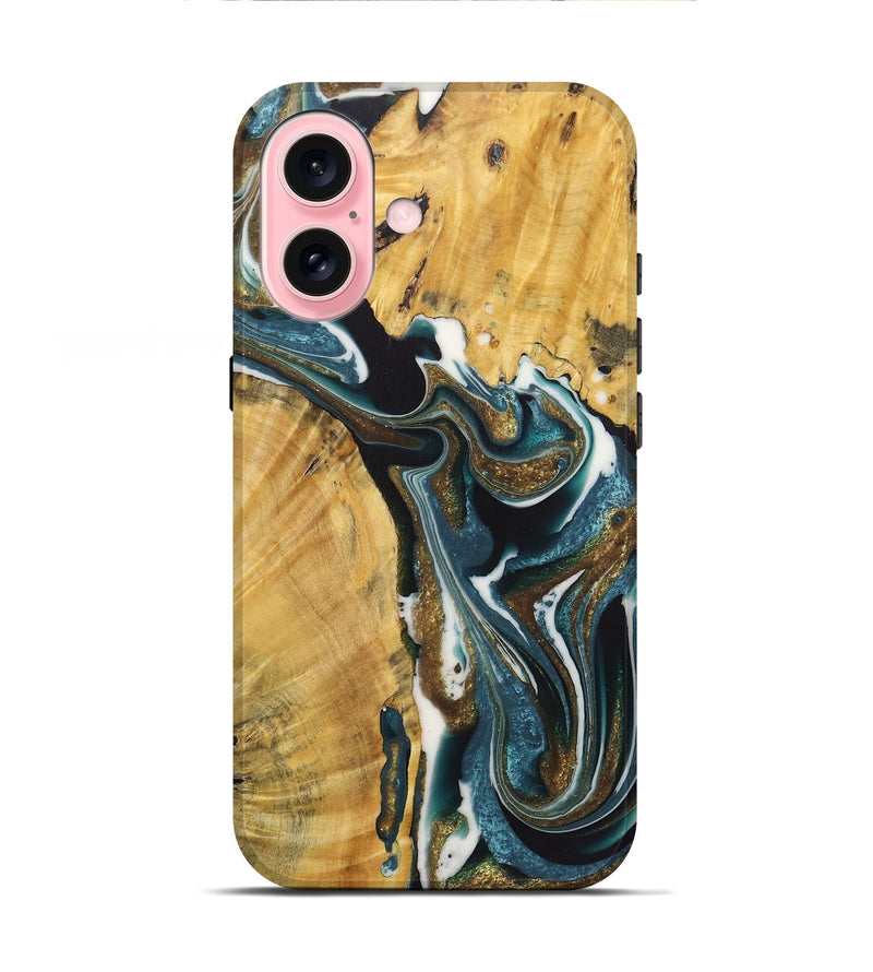 iPhone 16 Wood+Resin Live Edge Phone Case - Greg (Teal & Gold, 722762)