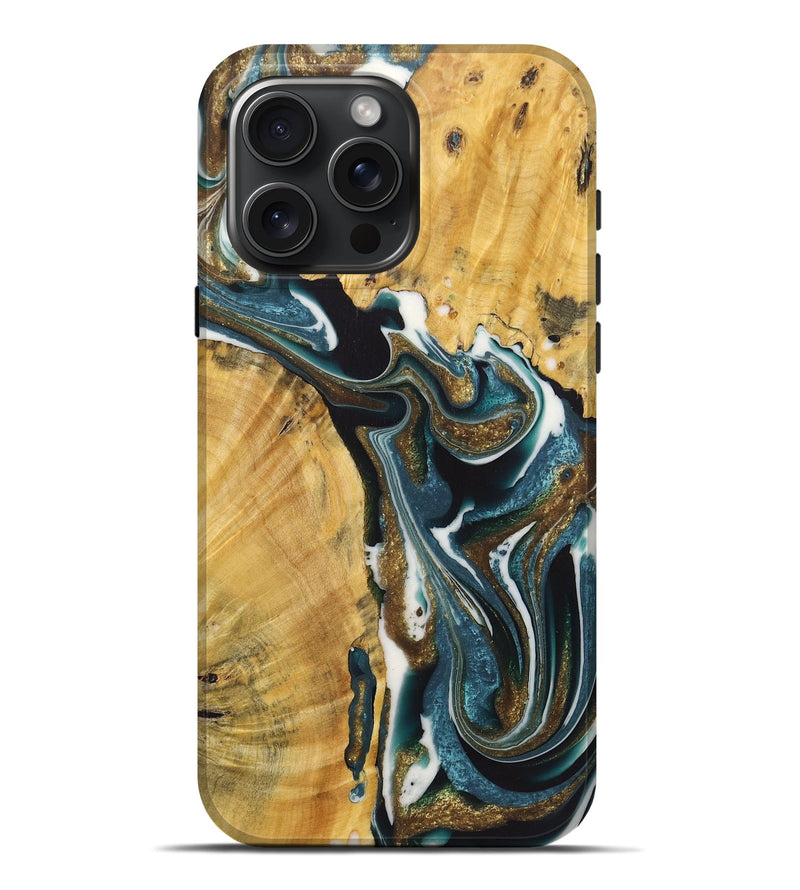 iPhone 16 Pro Max Wood+Resin Live Edge Phone Case - Greg (Teal & Gold, 722762)