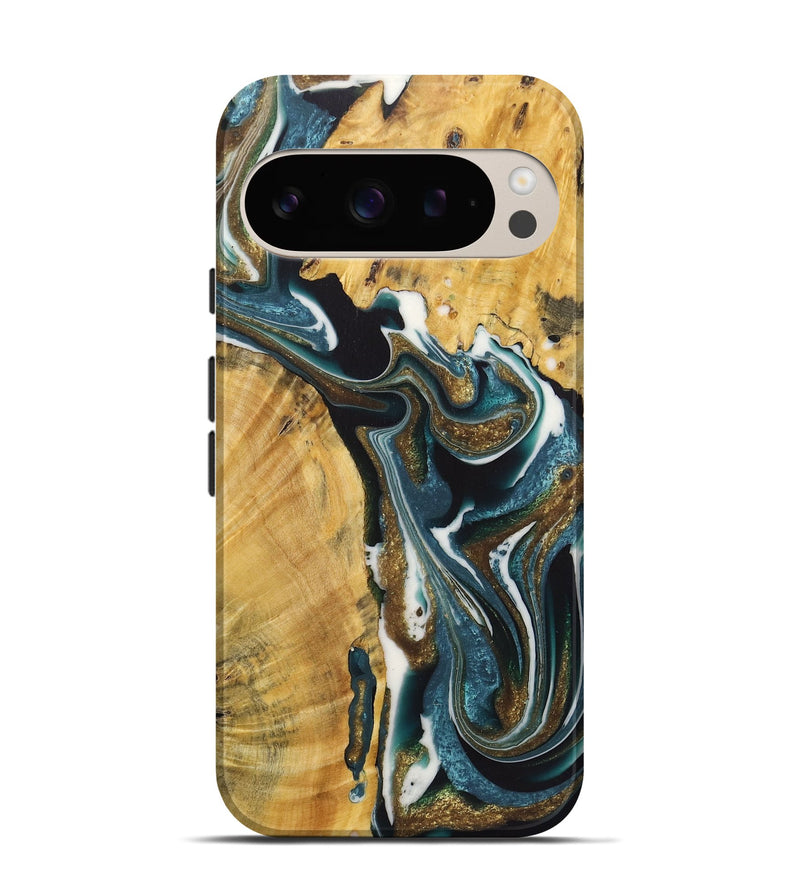 Pixel 9 Wood+Resin Live Edge Phone Case - Greg (Teal & Gold, 722762)