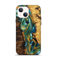 iPhone 13 Wood+Resin Live Edge Phone Case - Mona (Teal & Gold, 722763)