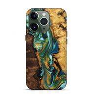 iPhone 13 Pro Wood+Resin Live Edge Phone Case - Mona (Teal & Gold, 722763)