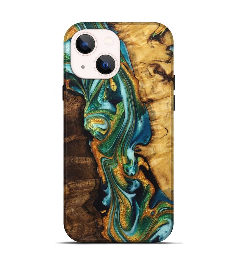 iPhone 14 Wood+Resin Live Edge Phone Case - Mona (Teal & Gold, 722763)