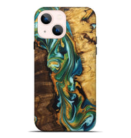 iPhone 14 Plus Wood+Resin Live Edge Phone Case - Mona (Teal & Gold, 722763)