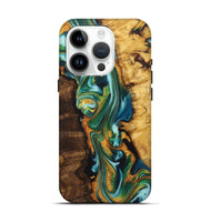 iPhone 15 Pro Wood+Resin Live Edge Phone Case - Mona (Teal & Gold, 722763)