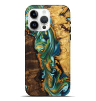 iPhone 15 Pro Max Wood+Resin Live Edge Phone Case - Mona (Teal & Gold, 722763)