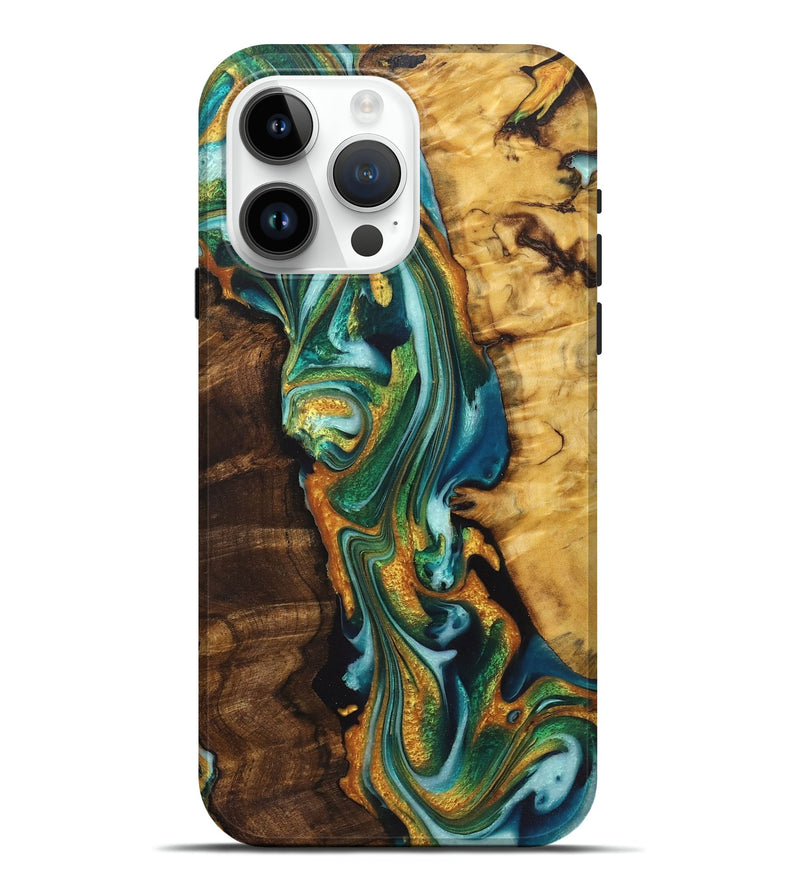 iPhone 15 Pro Max Wood+Resin Live Edge Phone Case - Mona (Teal & Gold, 722763)