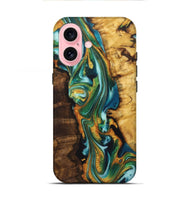 iPhone 16 Wood+Resin Live Edge Phone Case - Mona (Teal & Gold, 722763)