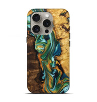 iPhone 16 Pro Wood+Resin Live Edge Phone Case - Mona (Teal & Gold, 722763)