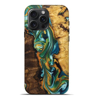 iPhone 16 Pro Max Wood+Resin Live Edge Phone Case - Mona (Teal & Gold, 722763)