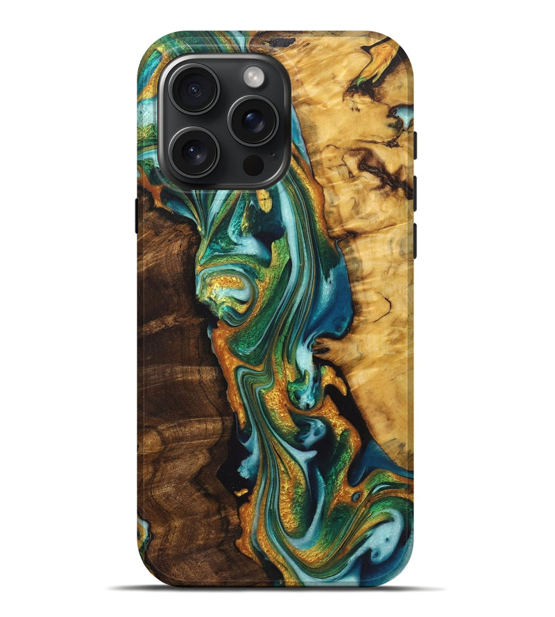 iPhone 16 Pro Max Wood+Resin Live Edge Phone Case - Mona (Teal & Gold, 722763)