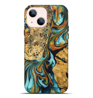 iPhone 14 Plus Wood+Resin Live Edge Phone Case - Traci (Teal & Gold, 722764)