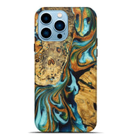 iPhone 14 Pro Max Wood+Resin Live Edge Phone Case - Traci (Teal & Gold, 722764)