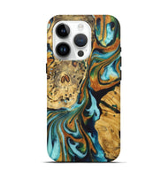 iPhone 15 Pro Wood+Resin Live Edge Phone Case - Traci (Teal & Gold, 722764)