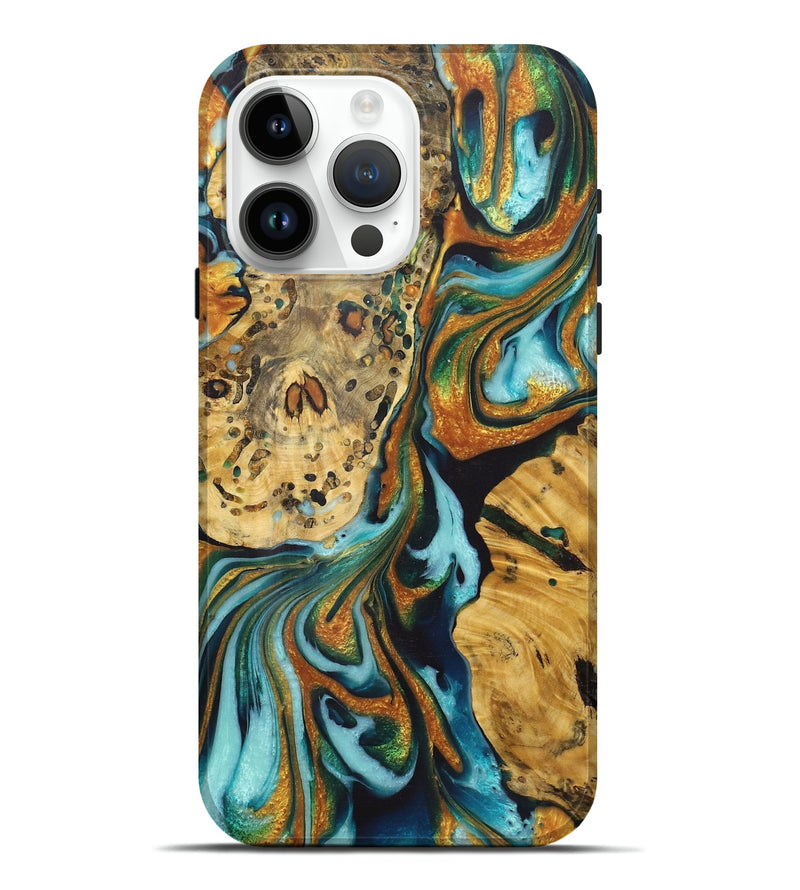 iPhone 15 Pro Max Wood+Resin Live Edge Phone Case - Traci (Teal & Gold, 722764)