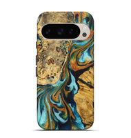 Pixel 9 Pro Wood+Resin Live Edge Phone Case - Traci (Teal & Gold, 722764)