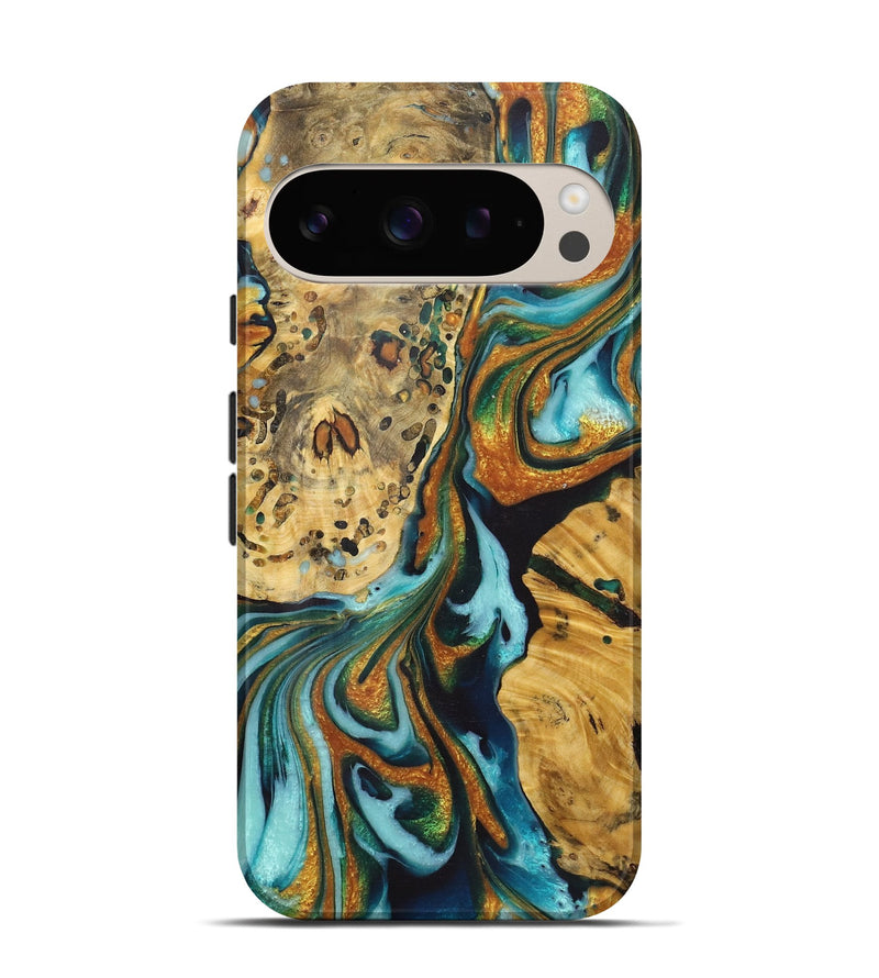 Pixel 9 Pro Wood+Resin Live Edge Phone Case - Traci (Teal & Gold, 722764)