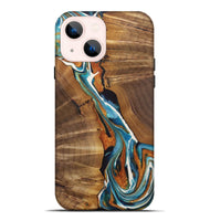 iPhone 14 Plus Wood+Resin Live Edge Phone Case - Jane (Teal & Gold, 722765)