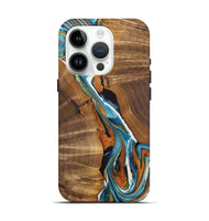 iPhone 15 Pro Wood+Resin Live Edge Phone Case - Jane (Teal & Gold, 722765)