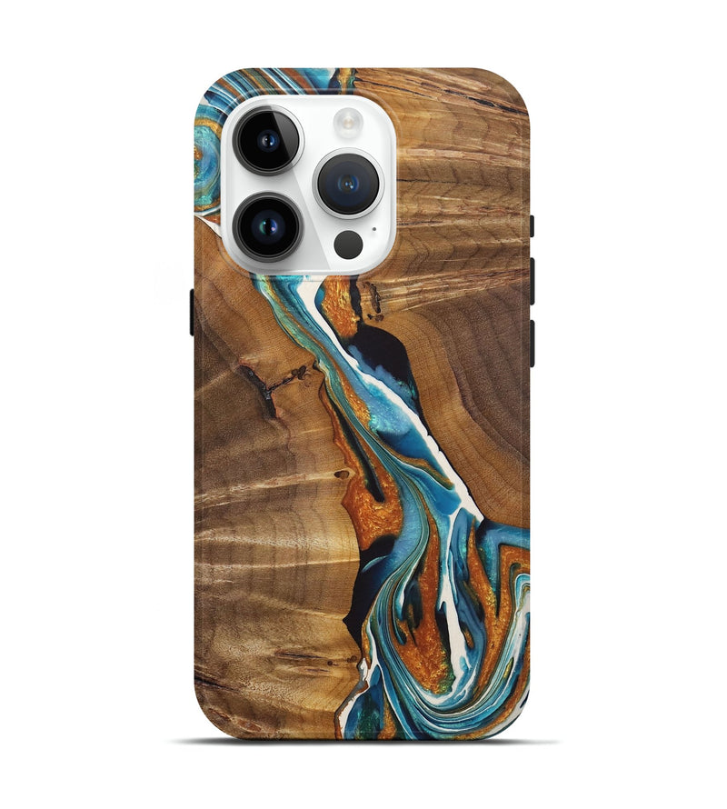 iPhone 15 Pro Wood+Resin Live Edge Phone Case - Jane (Teal & Gold, 722765)