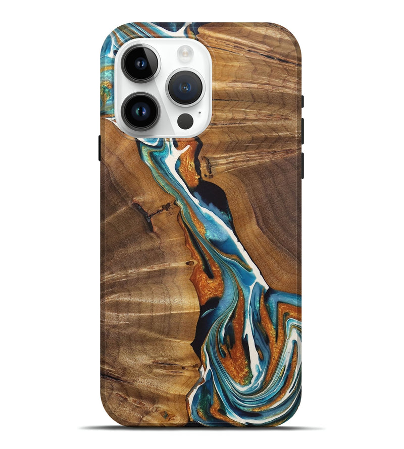 iPhone 15 Pro Max Wood+Resin Live Edge Phone Case - Jane (Teal & Gold, 722765)