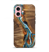 iPhone 16 Wood+Resin Live Edge Phone Case - Jane (Teal & Gold, 722765)