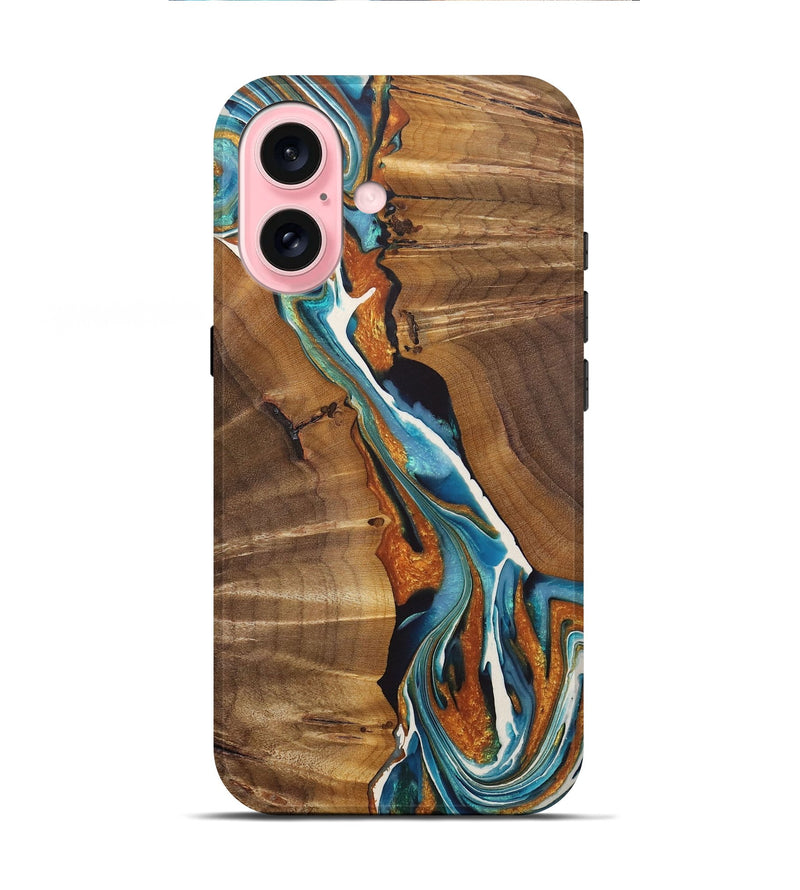 iPhone 16 Wood+Resin Live Edge Phone Case - Jane (Teal & Gold, 722765)