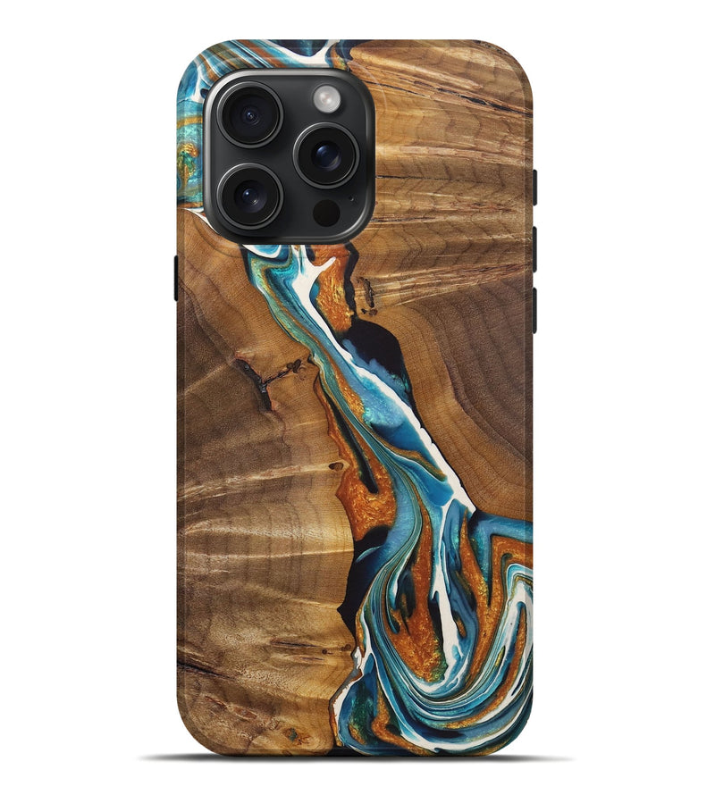 iPhone 16 Pro Max Wood+Resin Live Edge Phone Case - Jane (Teal & Gold, 722765)